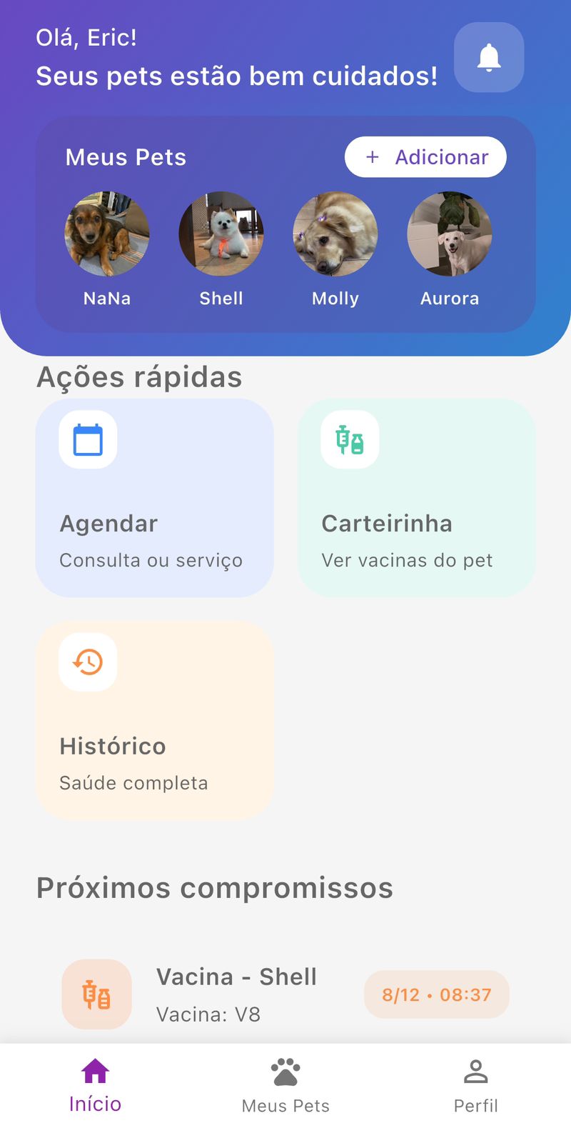 Tela inicial com ações rápidas